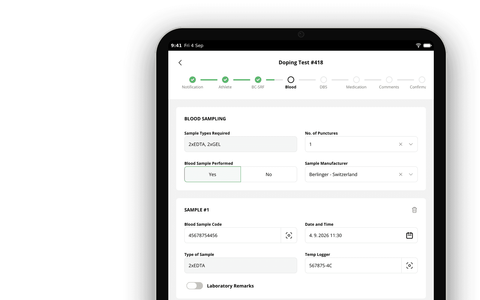 Blood sampling form of a doping control session in the MODOC tablet app